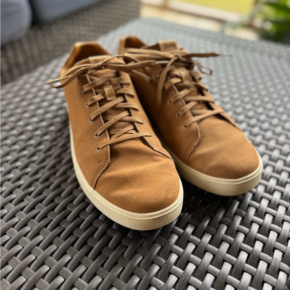 Olukai Lae’Ahi Li Kala.Brown and Tan Leather Shoes. Slip on Backs. Size 13